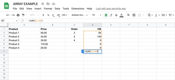 how to use array formula in google sheets example, step 4: enter formula in D7